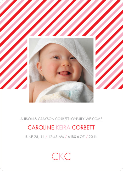 Diagonal Stripes Modern Baby Announcement - Candy Cane