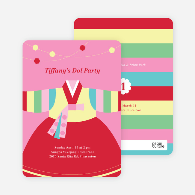 Korean Dol First Birthday Invitations - Pink