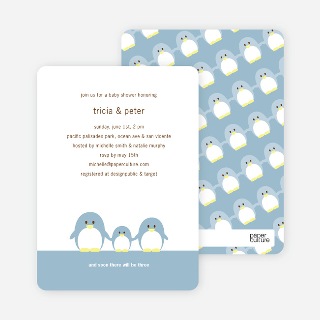 Penguin Family Baby Shower Invitations - Dusty Blue