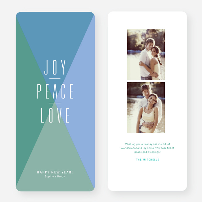 Joy, Peace, Love Portrait New Year’s Cards - Green