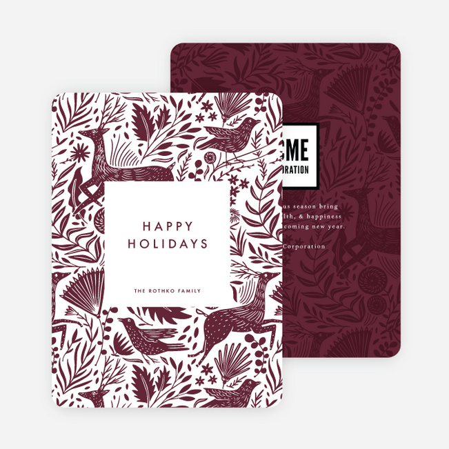 Winter Woodblock Pattern Business and Corporate Holiday Cards - Purple