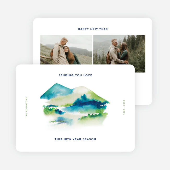 Watercolor Mountainside New Year Cards and Invitations - White