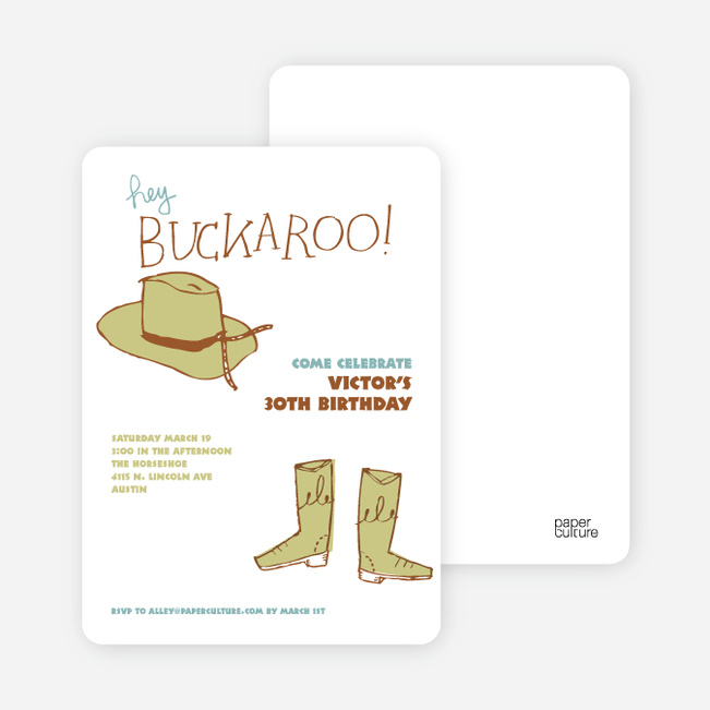 Hey Buckaroo: Wild West Cowboy Party Invitations - Green Saddle