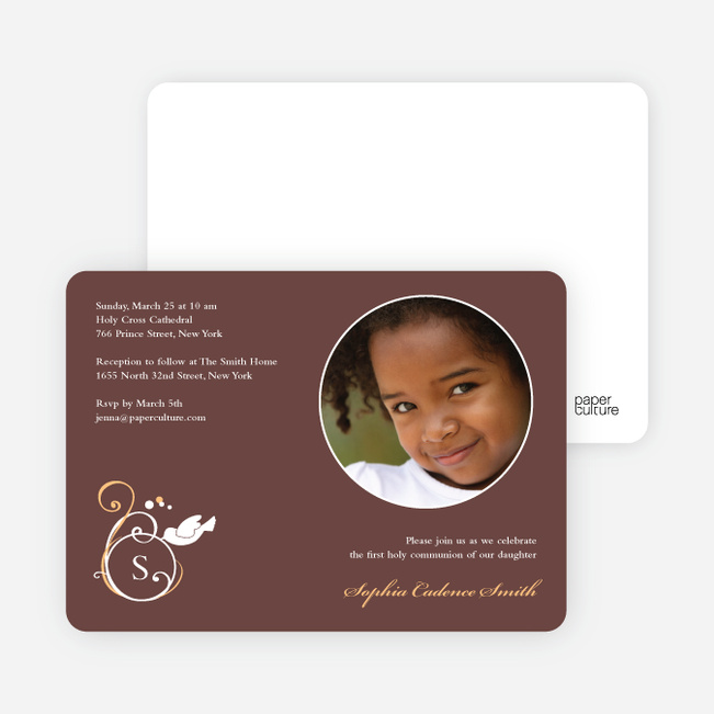 Monogrammed Dove Photo Cards for First Holy Communion Invitations - Mocha