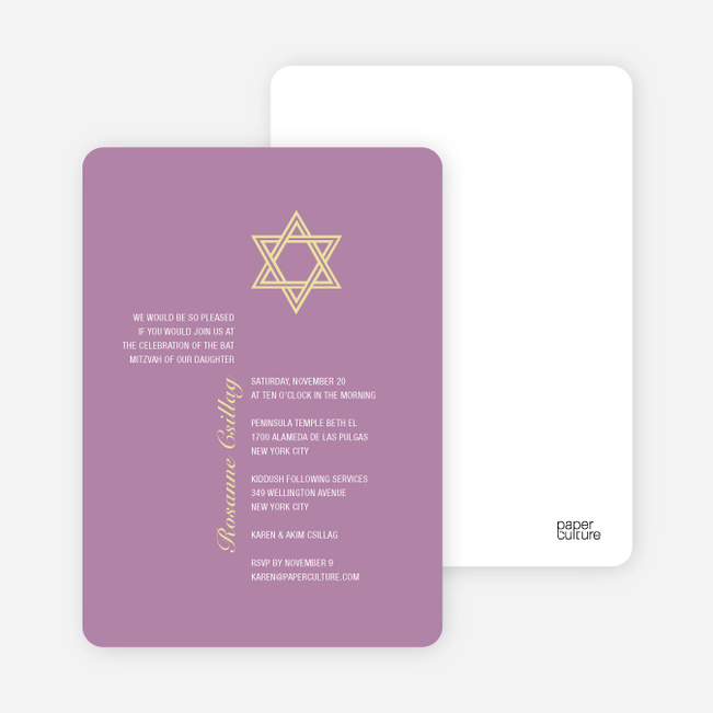 Simple Star of David Bar and Bat Mitzvah Invitations - Lilac