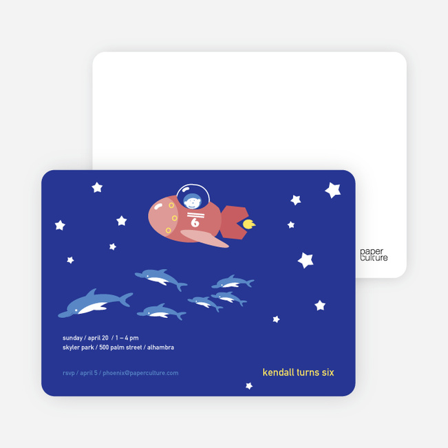 Spaceships and Dolphins Modern Birthday Invitation - Slate Blue