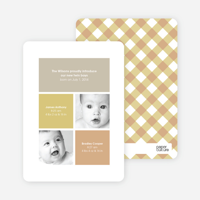 Ultra Modern Four Square Twin Birth Announcements - Mustard