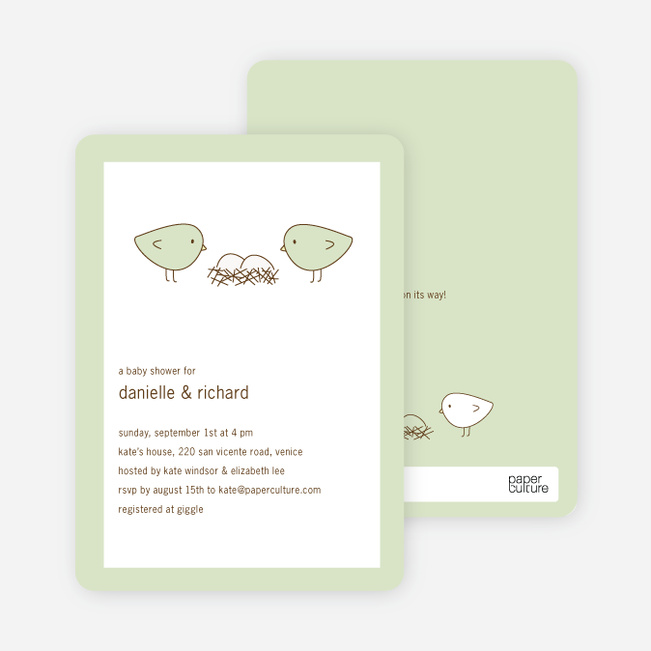 Nesting Birds Twins Baby Shower Invite - Light Green