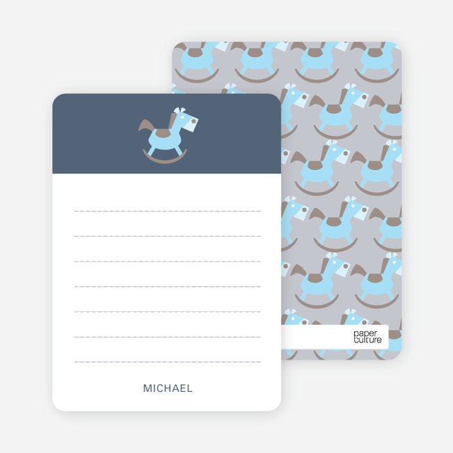 Note Cards: ‘Rocking Horse Baby Announcement’ cards. - Grayish Blue