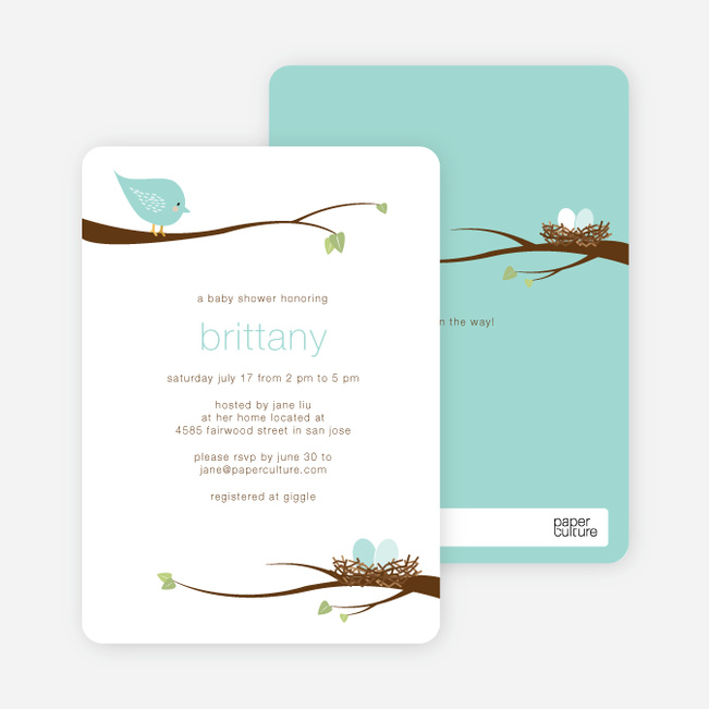 Whimsical Nesting Birds Baby Shower Invitations - Robins Egg