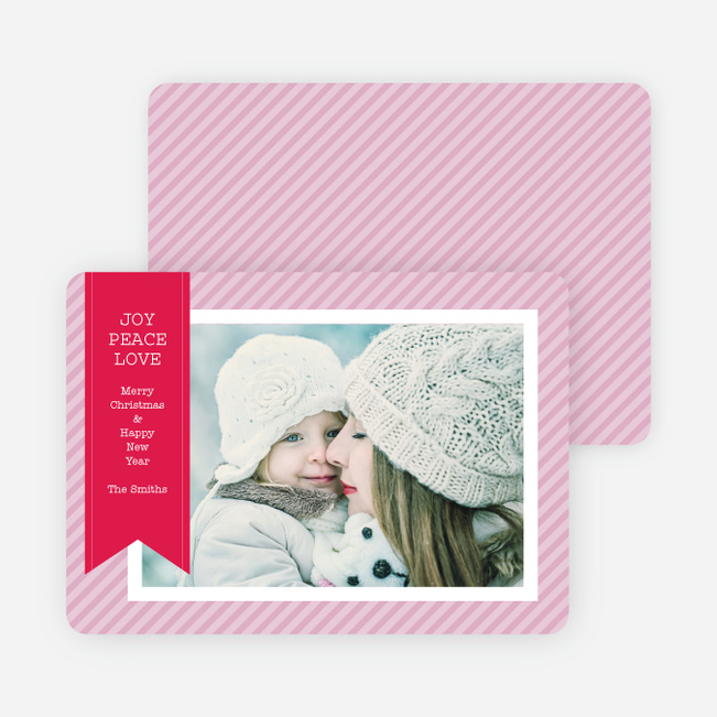 Holiday Photo Cards: Joy, Peace & Love Stripes - Pink