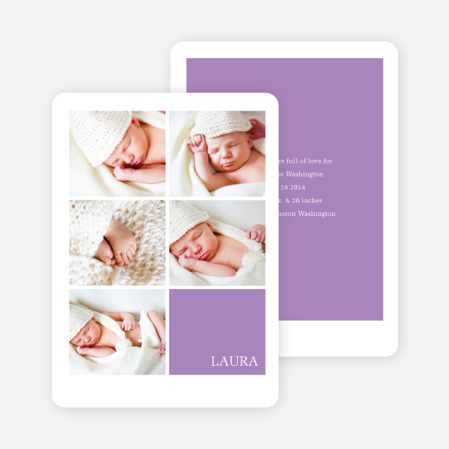 Modern Birth Announcements with Slots for 5 Photos - Purple