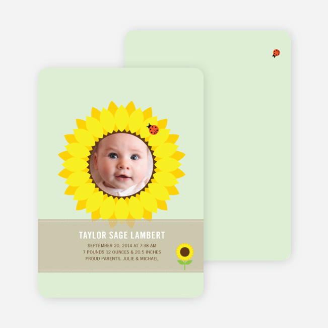 Sunflower Themed Birth Announcements - Mint