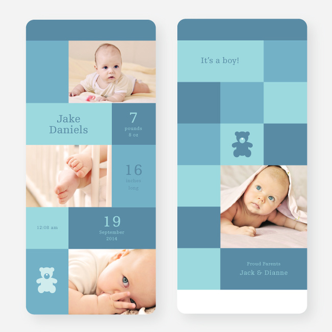 Teddy Bear Squares Birth Announcements - Blue