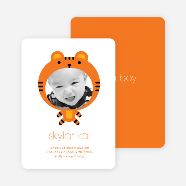 Tiger: Animal Photo Birth Announcement - Carrot Orange