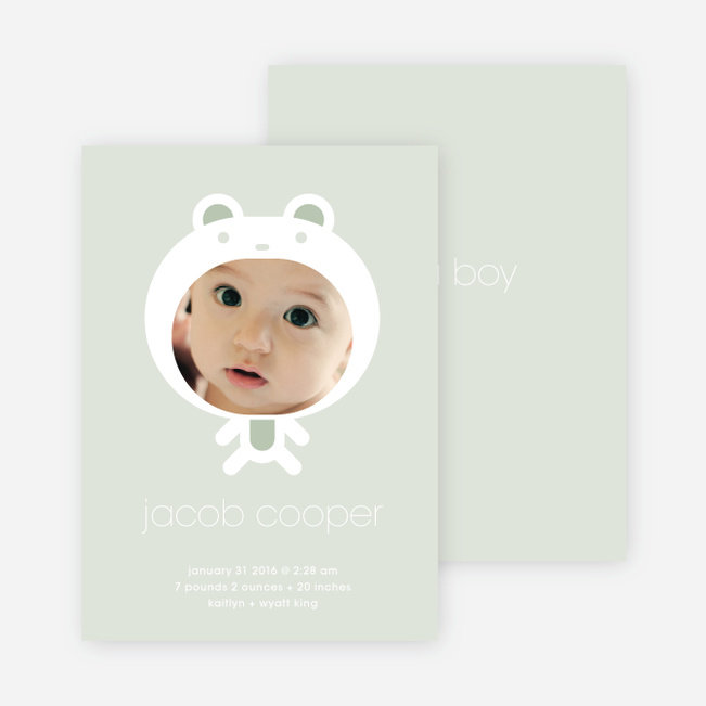 Baby in Cuddly Bear Outfit Baby Announcement - Sage