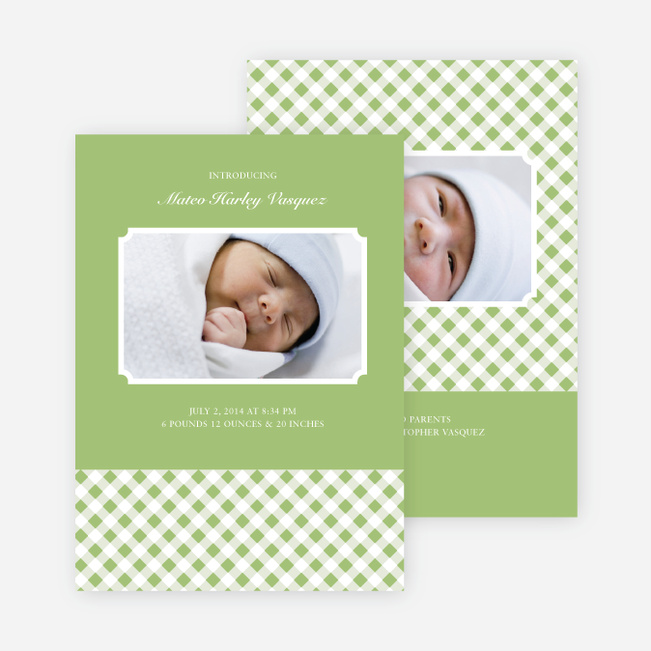 Gingham Baby Announcement - Light Sage