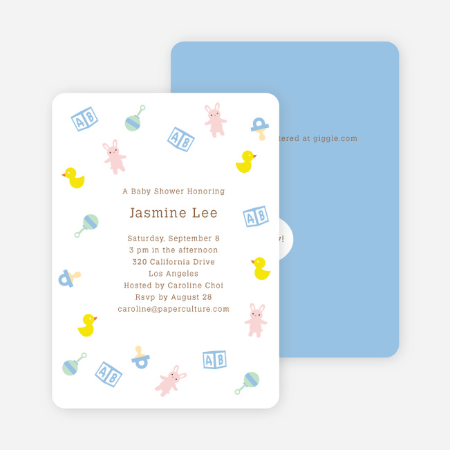 The Baby Classics Baby Shower Invitations: Bears, Ducks, Blocks, Pacifiers and Rattles - Blue
