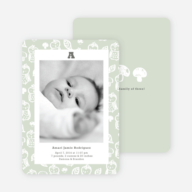 Framed Owl Birth Announcements - Green Onesie