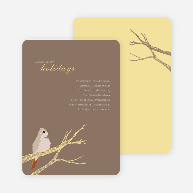 Bird on Branch Holiday Invitations - Cocoa