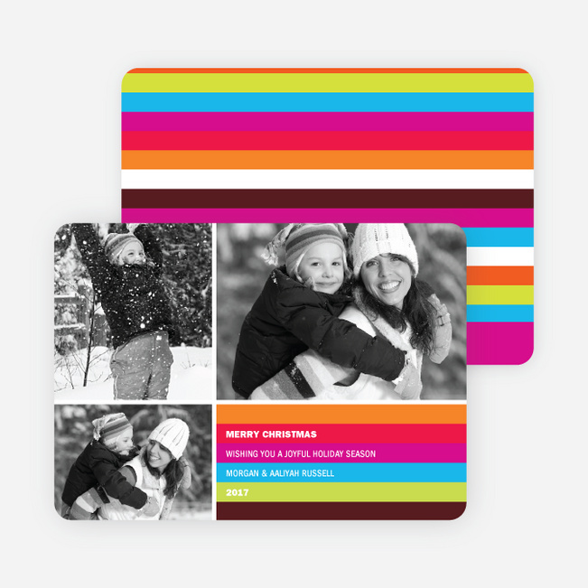 Festive Rainbow Stripes Holiday Photo Cards - Magenta