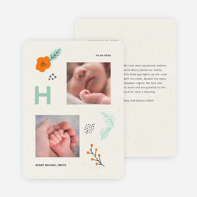 Flowery Monogram Birth Announcements - Multi