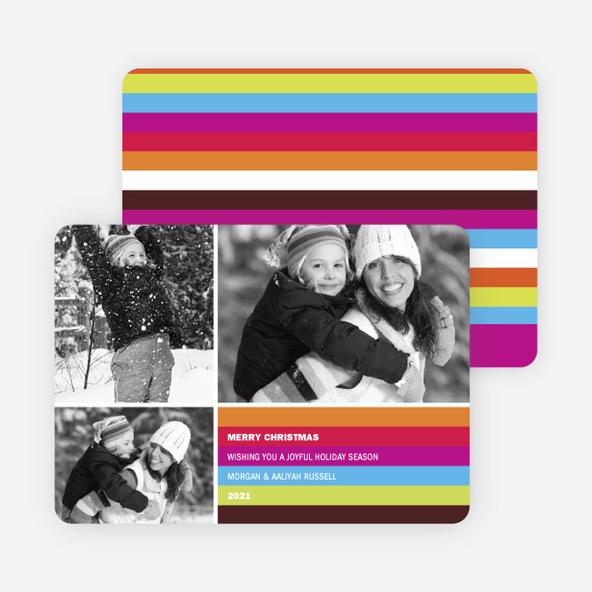 Festive Rainbow Stripes Holiday Photo Cards - Magenta
