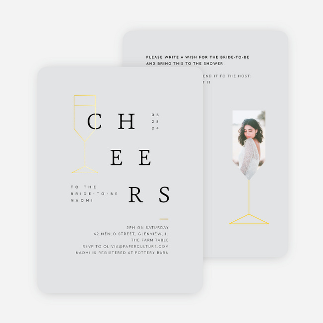 Foil Champagne Flute Bridal Shower Invitations - Yellow