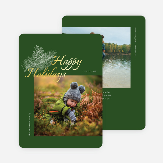 Foil Pine Motif Multi Photo Holiday Cards - Yellow