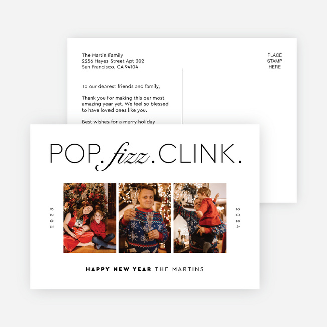 Pop. Fizz. Clink. New Year Cards and Invitations - White