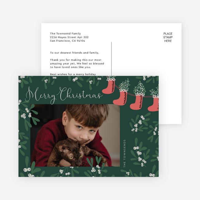 Corner Holly Garland Personalized Christmas Cards - Green