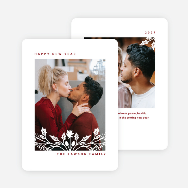 Festive Holly Cutout New Year Cards and Invitations - Red
