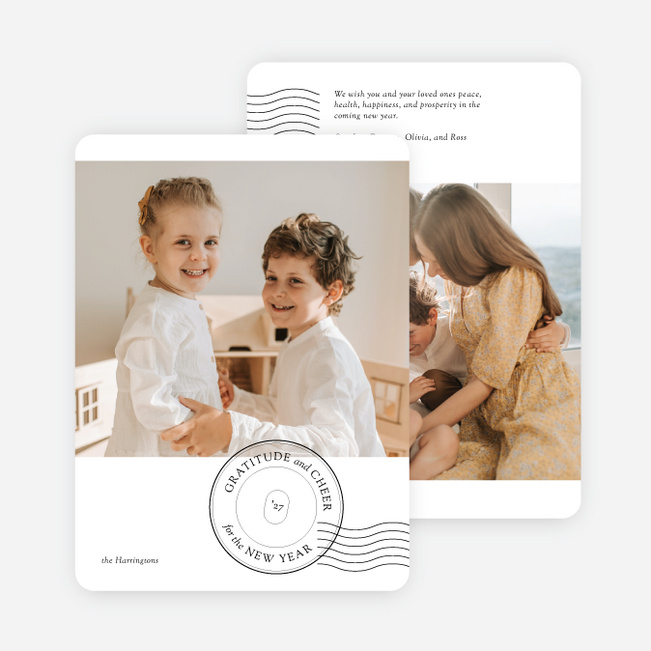 Stamped Cheers of Gratitude New Year Cards and Invitations - Black