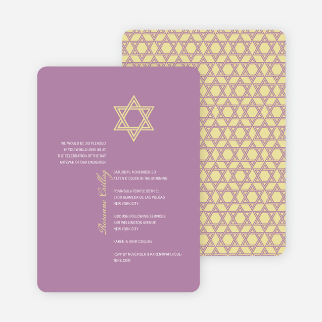 Simple Star of David Bar and Bat Mitzvah Invitations - Lilac