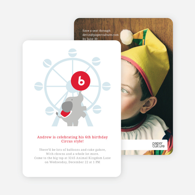 Elephants and the Circus Kids Birthday Party Invitations - Clown Nose