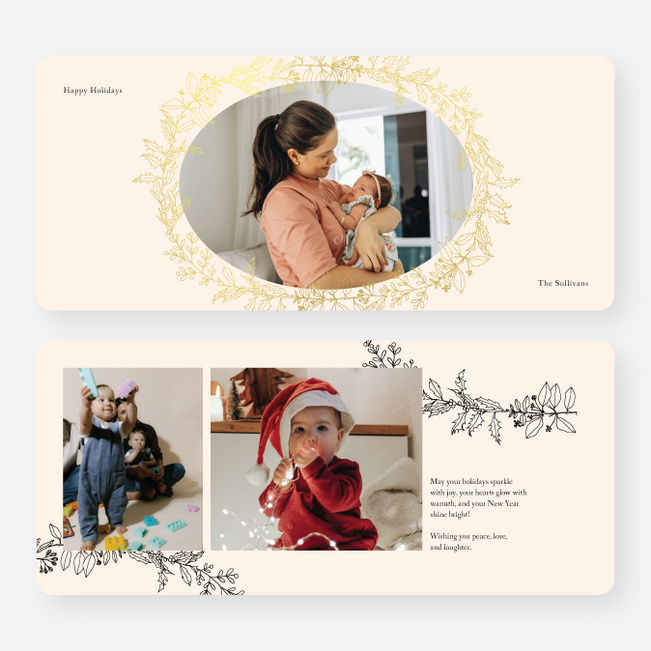 Foil Oval Floral Frame Holiday Cards and Invitations - Yellow
